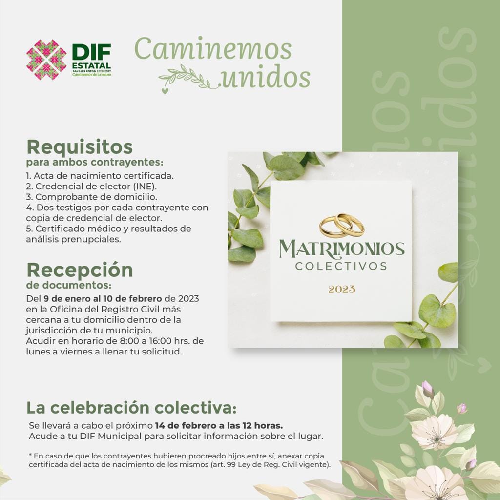 INVITA DIF ESTATAL A CAMPAÑA DE MATRIMONIOS COLECTIVOS 2023