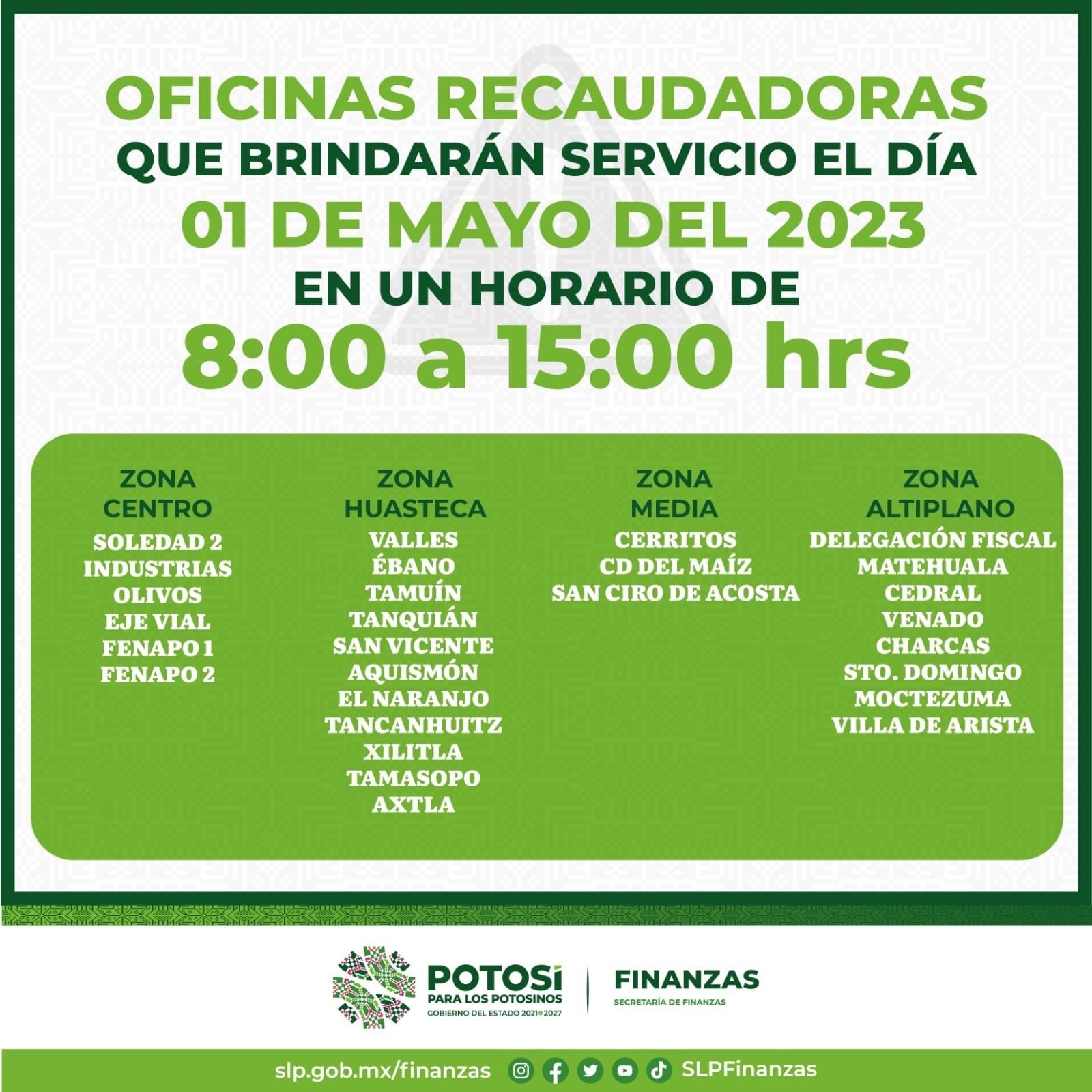 OFICINAS RECAUDADORAS BRINDARÁN SERVICIO EL PRIMERO DE MAYO: SEFIN OFICINAS RECAUDADORAS BRINDARÁN SERVICIO EL PRIMERO DE MAYO: SEFIN