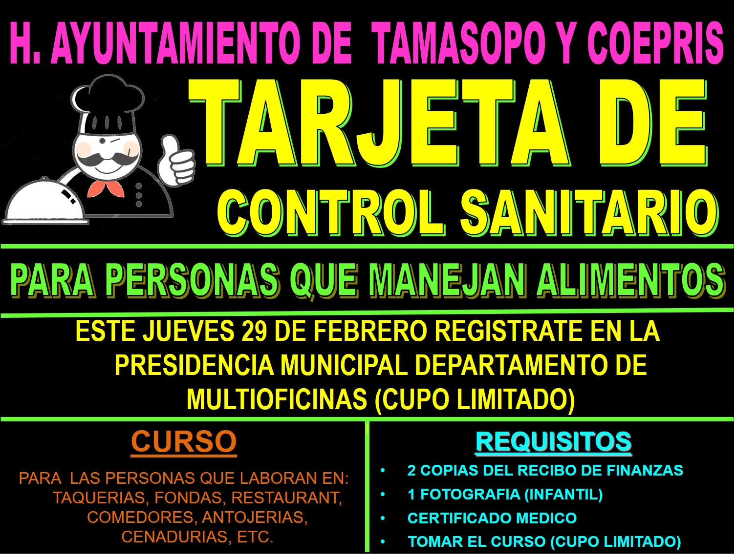 COMERCIANTES CON VENTA DE COMIDA DEBERÁN TENER TARJETA DE CONTROL SANITARIO