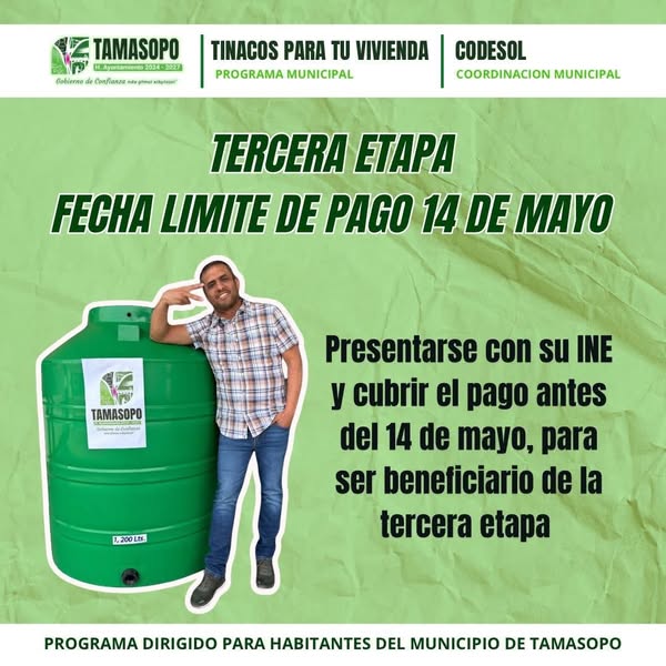 Beneficiarios del Programa de Tinacos deberán realizar su pago antes del 14 de mayo Beneficiarios del Programa de Tinacos deberán realizar su pago antes del 14 de mayo