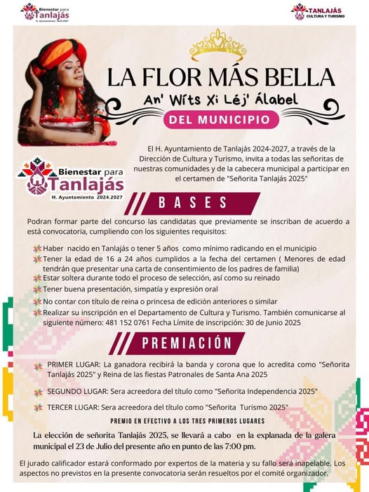 Ayuntamiento emite convocatoria para la elección de la Señorita Tanlajas 2025 Ayuntamiento emite convocatoria para la elección de la Señorita Tanlajas 2025